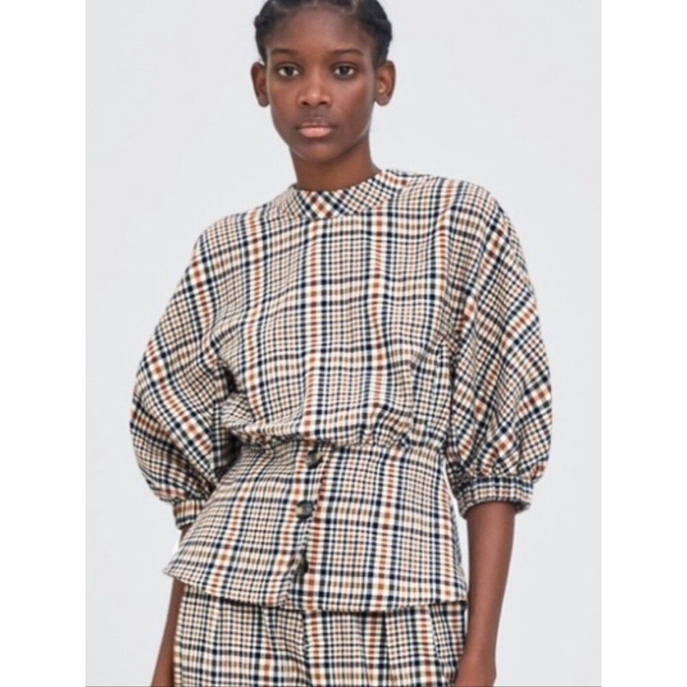 Zara Plaid Balloon Sleeve Top with button front